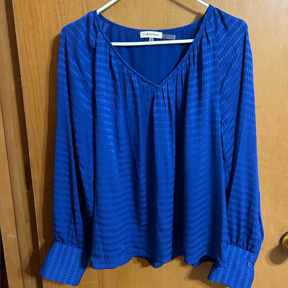 Calvin Klein Royal Blue Lined V-Neck Pullover Blouse‎ Women’s Size Large